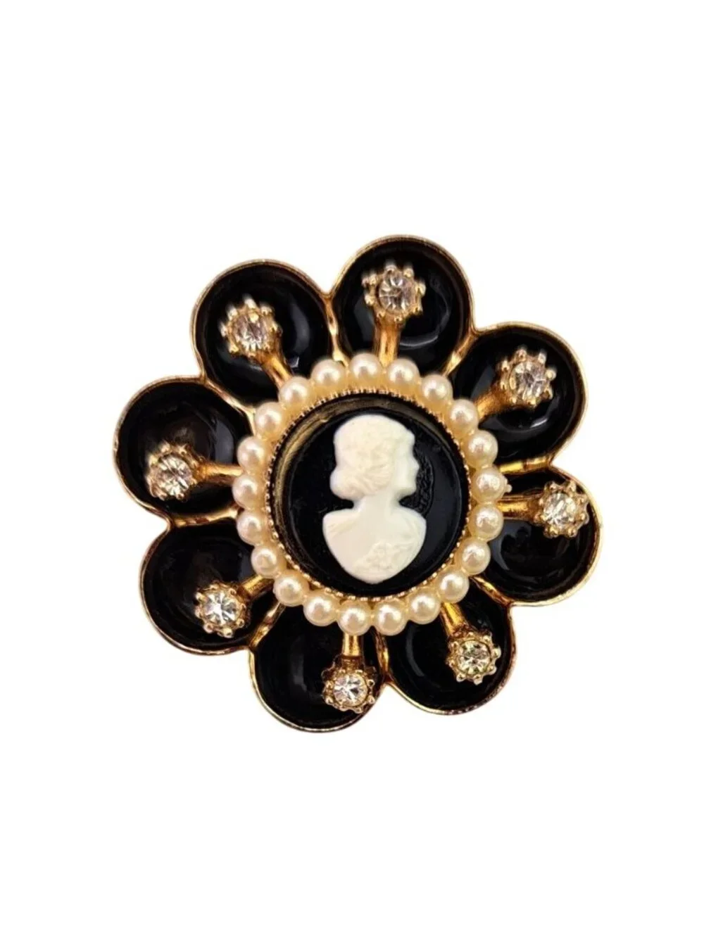 Vintage Coro Cameo Brooch Pin Black Enamel Faux Pearl Gold-Tone Rhinestones 1.5